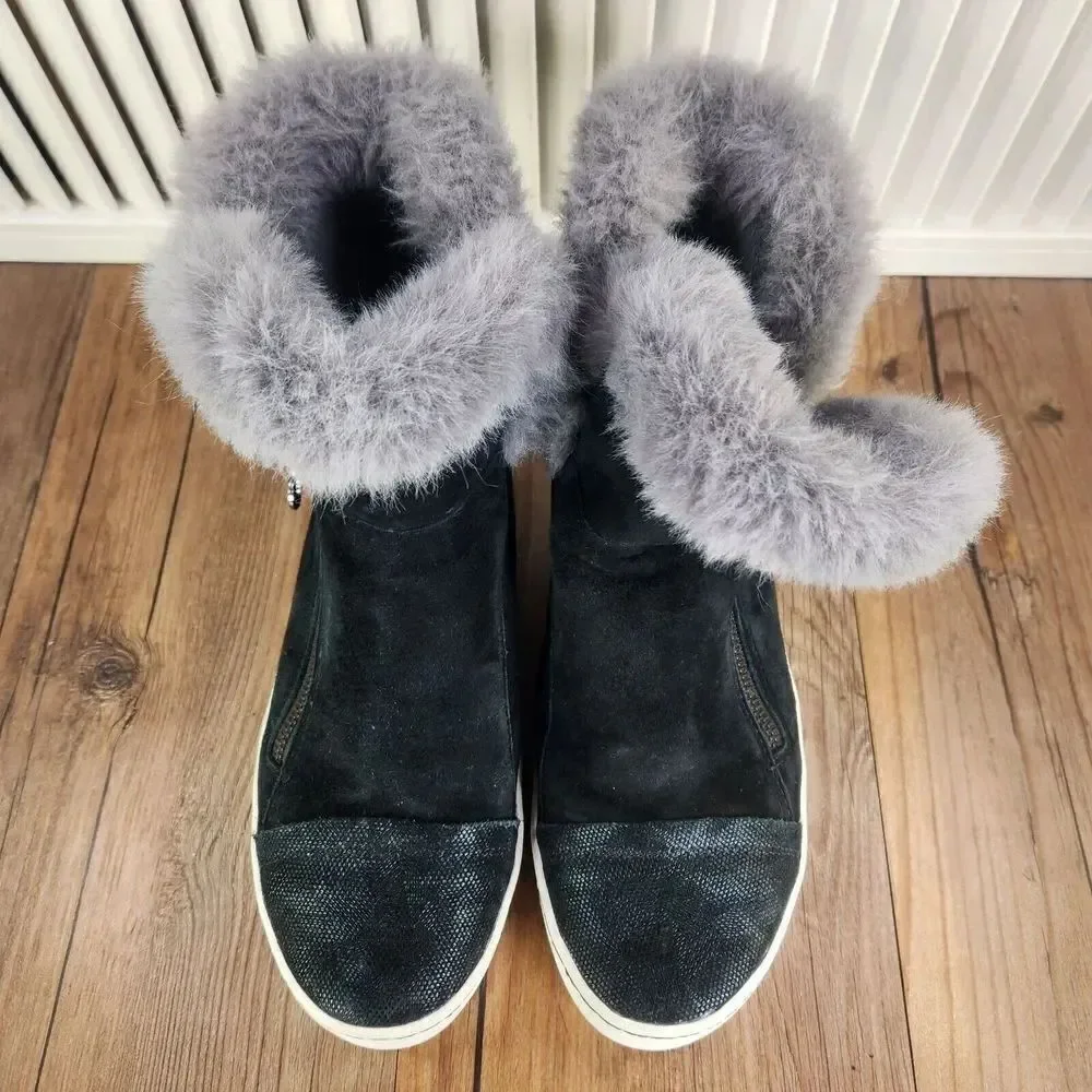 Jambu Erica Womens Sz 8M Black Faux Fur Zip Suede Ankle Winter Booties Boots